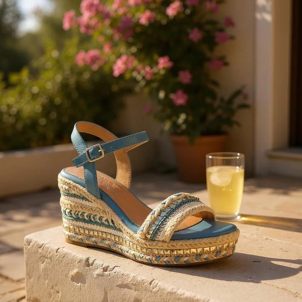 Patrizia Tisch Woven Wedge Light Blue Embellished Espadrille Sandals US 9.5 EU41